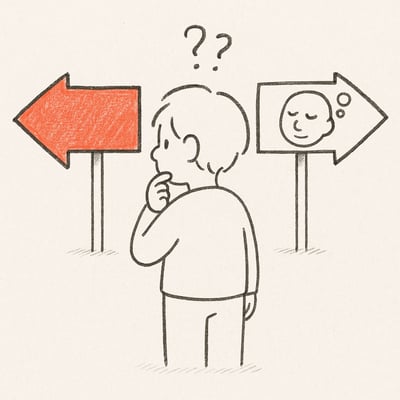 Un individu face à deux chemins : un pressant, un serein, symbolisant le choix entre stress immédiat et réflexion posée.