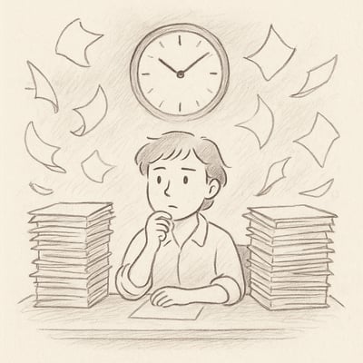 Une personne de bureau entourée de dossiers volants sous une horloge, illustrant la pression de l'urgence professionnelle.