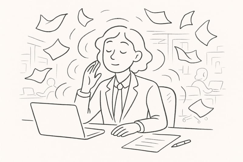 Une personne au bureau, l’air serein, entourée de feuilles virevoltantes, illustrant la distance face à la pression urgente.