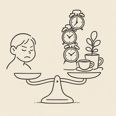 Bilancia che contrappone timer rumorosi a oggetti calmi, per rappresentare il confronto tra urgenza percepita e vera importanza.