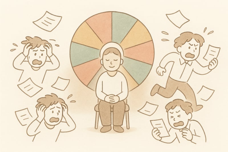 Persona serena davanti a una ruota delle opzioni colorata, mentre altri intorno sono agitati; simbolo di calma nelle decisioni rapide.