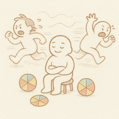 Persona che esamina opzioni raffigurate come ruote, resta sereno mentre altri mostrano agitazione, simbolo di decisione consapevole.