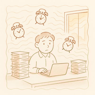 Persona in ufficio sommersa da carte e orologi, riflette sulle pressioni lavorative che si allentano per effetto di una nuova consapevolezza.