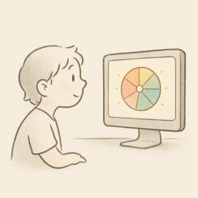 Pessoa usando ferramenta digital de roda de decisão, expressão curiosa, pronta para escolhas melhores.