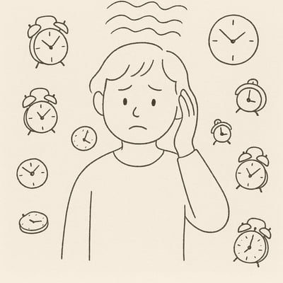 Pessoa cercada por relógios e alarmes representando pressão de tempo, mostrando expressão de leve ansiedade.