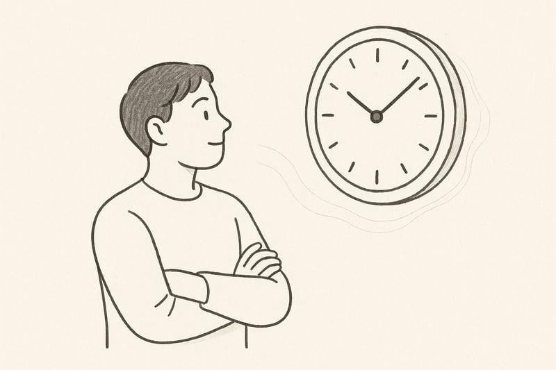 Pessoa olhando um relógio grande, com expressão calma e confiante, simbolizando controle diante da pressão do tempo.