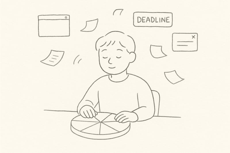 Een figuur draait ontspannen aan een rad terwijl deadlines en meldingen op afstand zweven, wat besluitrust uitstraalt.