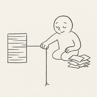 Een persoon maakt onderscheid tussen twee stapels taken en kijkt opgelucht en geconcentreerd naar de belangrijke stapel.