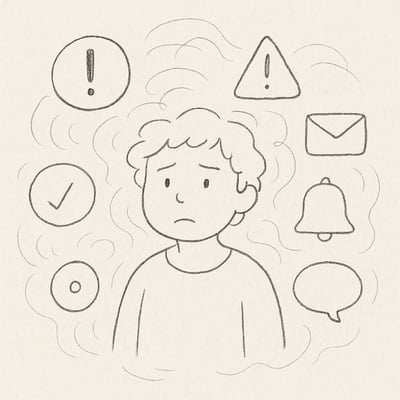 Een persoon temidden van pop-up meldingen die rustig probeert te blijven ondanks talloze signaaltjes van urgentie.