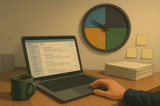 Büroszene mit Laptop-Inbox und Kaffeetasse; im Hintergrund ein farbiges Entscheidungsrad hilft, E-Mails nach Dringlichkeit und Rolle zu priorisieren.
