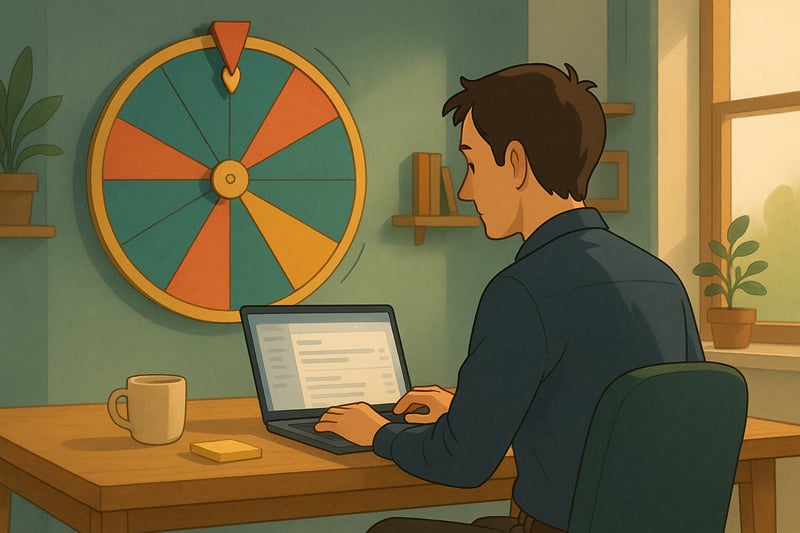 A focused professional at a clean desk reviews a laptop inbox while a colorful wall-mounted spinner wheel suggests which email to handle next.