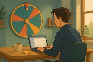 A focused professional at a clean desk reviews a laptop inbox while a colorful wall-mounted spinner wheel suggests which email to handle next.