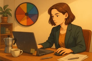 Impiegata in ufficio valuta email su laptop; sullo sfondo una ruota decisionale colorata aiuta a stabilire le priorità tra PEC, capo e scadenze.