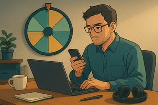 Profissional português decide respostas a emails numa secretária moderna, com roda de decisão ao fundo e foco em portátil e smartphone.