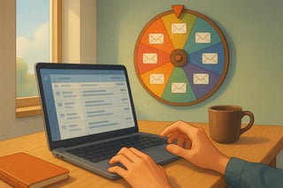 Kenniswerker bekijkt inbox aan bureau; kleurrijk e-mail-besliswiel hangt op de achtergrond; focus op keuze en prioriteit.