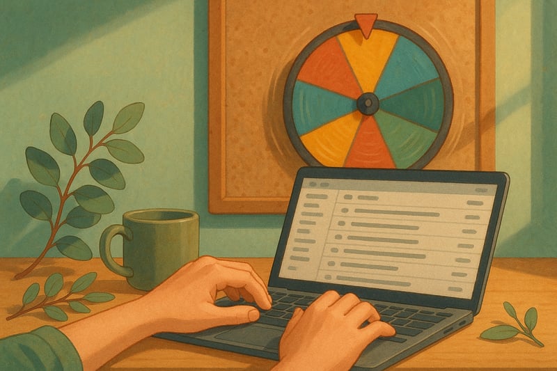 A tidy Australian office desk with a laptop inbox and a colourful spinner wheel on the wall, suggesting which email to answer first.