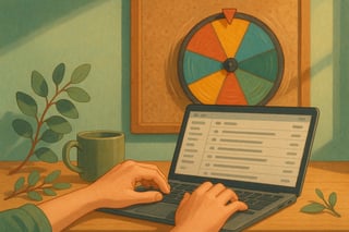 A tidy Australian office desk with a laptop inbox and a colourful spinner wheel on the wall, suggesting which email to answer first.