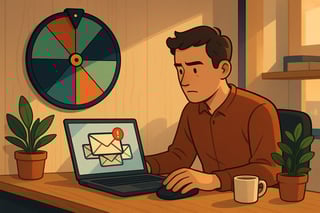 Employé à un bureau moderne triant ses e-mails sur ordinateur; roue de décision colorée visible au mur occupe environ un tiers de l’arrière-plan.