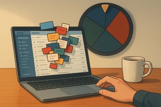 Schweizer Buero mit Laptop-Posteingang im Fokus; im Hintergrund ein dezentes Entscheidungsrad hilft, E-Mails nach Rolle und Frist zu priorisieren.