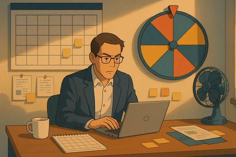 Project manager at a tidy desk weighs deadlines; a spinner wheel on the wall suggests risk buffers and practical timelines.