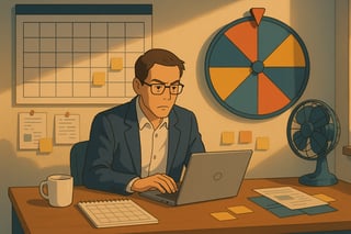 Project manager at a tidy desk weighs deadlines; a spinner wheel on the wall suggests risk buffers and practical timelines.