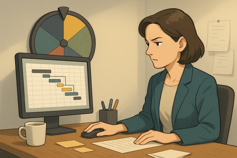 Projektleiter prüft Gantt-Zeitplan am Schreibtisch; im Hintergrund ein farbiges Entscheidungsrad, modernes Büro, Fokus auf realistische Deadlines.