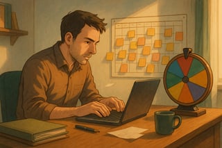 Cheffe de projet face a un calendrier et des post-it; une roue de decision coloree sur le bureau suggere des choix de delai plus realistes.