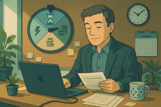 Gestor ajusta cronograma realista numa secretária portuguesa; ao fundo, roda de decisões sugere escolhas de prazo, risco e recursos.