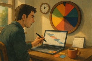 Gestor de proyecto decide un plazo realista frente a un diagrama temporal, con una rueda de decisiones girando al fondo en un estudio iluminado.