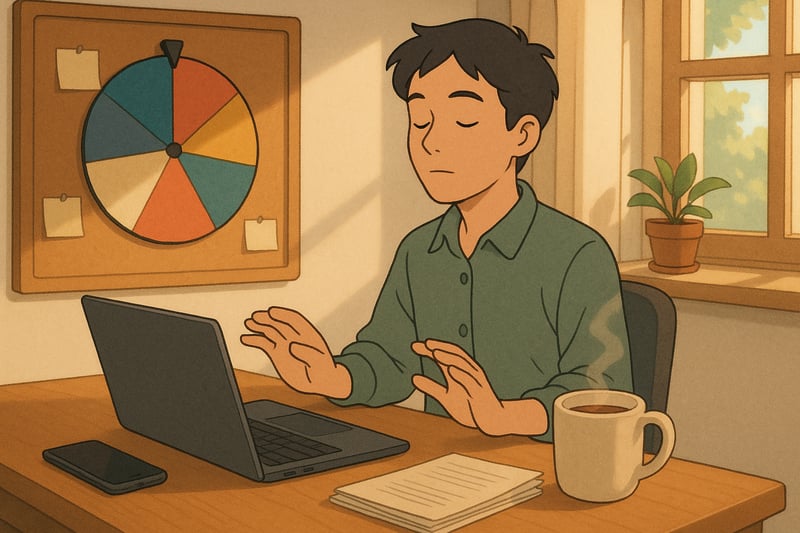 An adult pauses at a tidy desk while a colorful spinner wheel hangs behind them, suggesting a calm choice to break crisis mode.