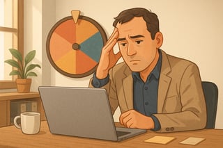 Profesional en una oficina española duda ante tareas en su mesa mientras una ruleta de decisiones en la pared sugiere priorizar y calmar la urgencia.