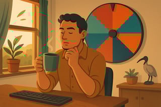 Australian office scene with a calm person choosing their next step while a colourful spinner wheel hangs in the background to suggest stress relief.