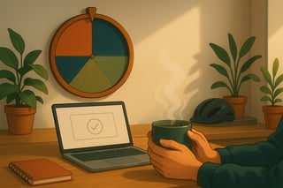 Kenniswerker pauzeert achter laptop, kijkt naar beslisrad aan de muur; koffiemok, planten en zacht licht benadrukken kalmte en heroriëntatie.