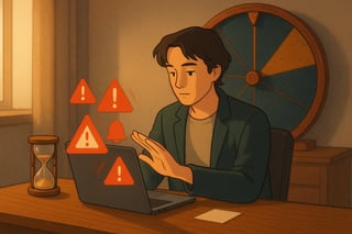 Erwachsene Person am Schreibtisch beruhigt hektische Signale, während ein 30% großes Spinner‑Rad im Hintergrund Prioritäten sortiert und Ruhe ausstrahlt.