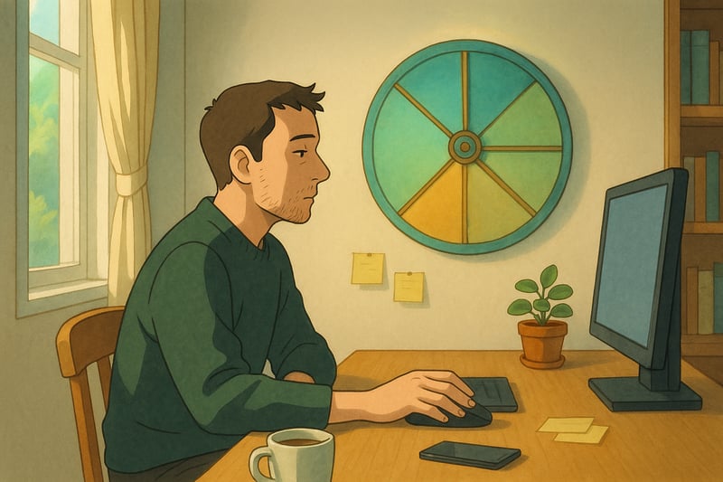 Person am Schreibtisch stoppt hektische Klicks, waehrend im Hintergrund ein dezentes Spinner-Rad leuchtet und Ruhe in eine Alltagskrisen-Szene bringt.