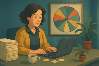 Profissional em escritório calmo respira fundo enquanto uma roda de decisões colorida ao fundo sugere opções rápidas para sair do modo crise.