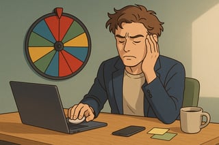 Cadre debout devant un bureau, souffle et priorise tandis qu'une roue de décision colorée tourne au mur en arrière-plan.