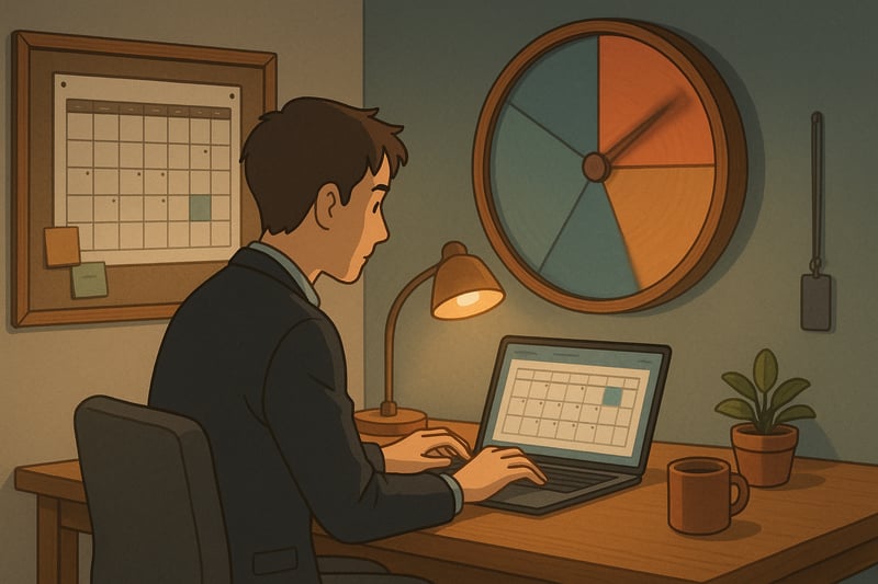 Professional at a desk weighing project trade-offs while a color-coded spinner wheel hangs on the wall, hinting at deadline decisions.