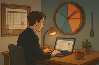 Professional at a desk weighing project trade-offs while a color-coded spinner wheel hangs on the wall, hinting at deadline decisions.