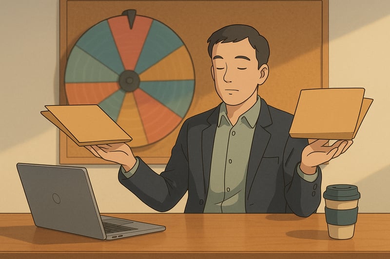 A professional in an Australian office weighing project scope and time while a colourful spinner wheel in the background suggests negotiation options.