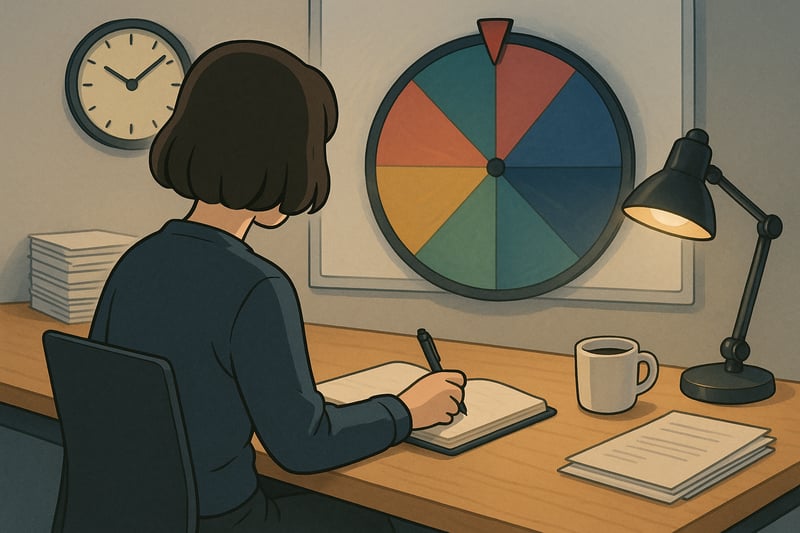 Projektprofi am Schreibtisch priorisiert Aufgaben, im Hintergrund ein farbiges Spinnerrad; Uhr und Unterlagen deuten auf eine verschobene Deadline hin.