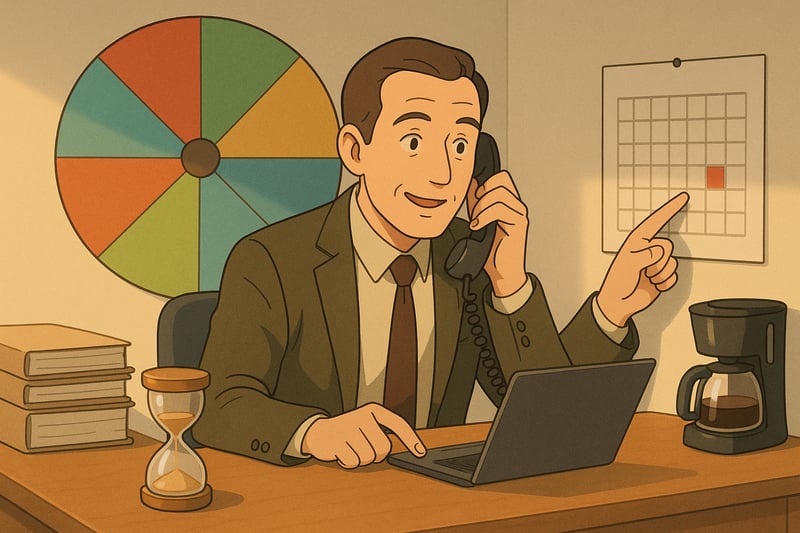 Projektleiter am Schreibtisch verhandelt eine Frist am Telefon; im Hintergrund haengt ein Spinnerrad.