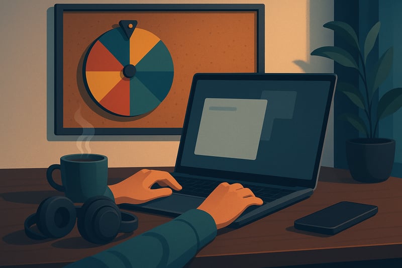 Knowledge worker at a calm desk sets up a distraction-free session while a colorful spinner wheel on the wall suggests a focus-protection action.