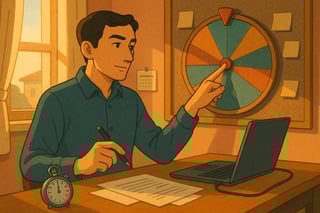 Profesional evalúa un proyecto con cronómetro y calendario mientras una ruleta de decisiones al fondo sugiere opciones para renegociar plazos.