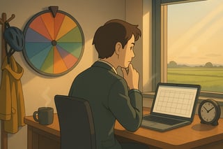 Kantoorwerker weegt projectkalender tegenover een subtiel beslisrad aan de muur; klok en koffiemok benadrukken tijdsdruk in een herkenbare NL-werksfeer.