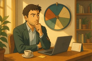 Professionista rivede le priorità per spostare una scadenza; dietro una ruota decisionale occupa il 30% della scena.