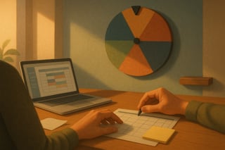 Cadre devant un calendrier et des dossiers, evaluant un delai, avec une roue de decision coloree accrochee au mur en arriere-plan.