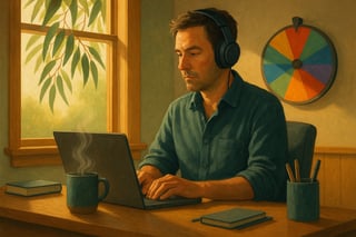 Calm Australian home office at dawn, worker in headphones focusing at a tidy desk while a colourful spinner wheel on the wall signals a deep work block.