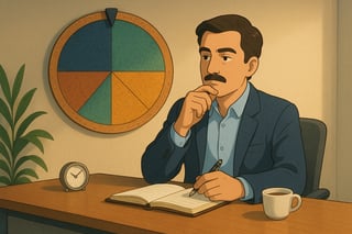 Profissional pondera renegociar prazo à secretária; roda de decisões em cortiça ocupa 30% no fundo, sugerindo tática adequada.