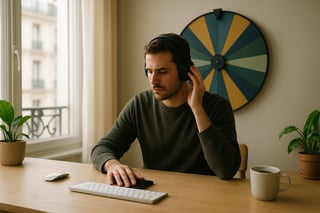 Cadre au bureau concentre avec casque, smartphone en mode silencieux et une roue color ee sur le mur indiquant un rituel de focalisation.